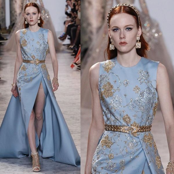 elie saab overskirt prom dresses long jewel neck split side beaded mermaid evening gowns sweep train light sky blue formal dress, Black;red