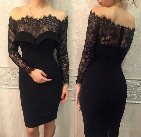 

New Sexy Lace Black Cocktail Dresses 2016 Long Sleeves Off Shoulder Knee Length Sheath Short Party Prom Special Occasion Gowns Cheap Custom