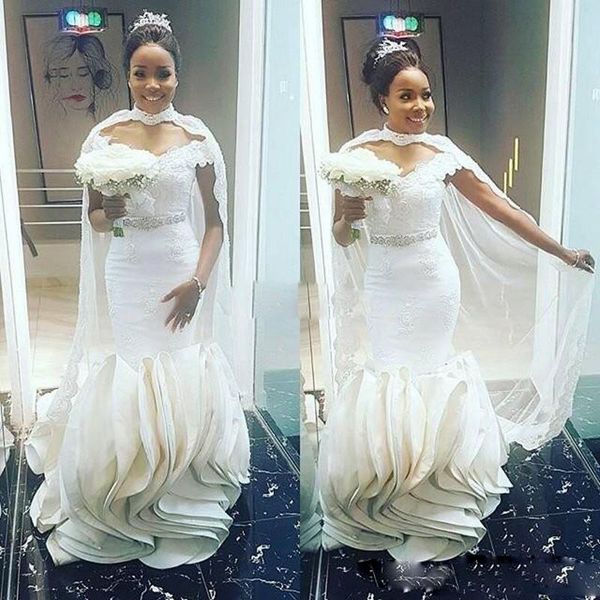 unique design mermaid wedding dresses with wraps cape style high neck lace appliques beads bridal gowns ruched button wedding vestidos, White
unique design mermaid wedding dresses with wraps cape style high neck lace appliques beads bridal gowns ruched button wedding vestidos, White