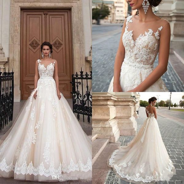 2017 new milla nova sheer castle wedding dresses ball illusion back appliques lace chapel train bridal gown for western style, White
2017 new milla nova sheer castle wedding dresses ball illusion back appliques lace chapel train bridal gown for western style, White