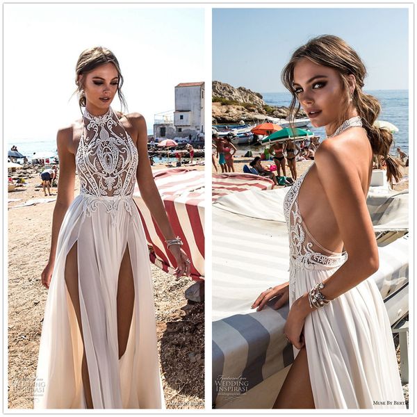 

2018 betra sheer halter chiffon split a line wedding dresses seen through lace applique backless summer beach wedding bridal dress, White
