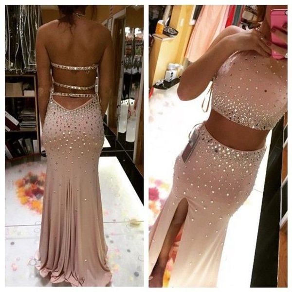 2016 champagne pink sparking crystal prom dresses backless two piece sweep train robe de soiree side split mermaid formal evening gown, Black
2016 champagne pink sparking crystal prom dresses backless two piece sweep train robe de soiree side split mermaid formal evening gown, Black