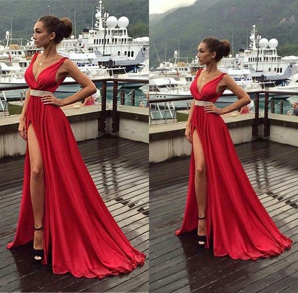 satin deep v neck red evening dresses long side split sweep train long formal party dresses ba3374, Black;red
satin deep v neck red evening dresses long side split sweep train long formal party dresses ba3374, Black;red
