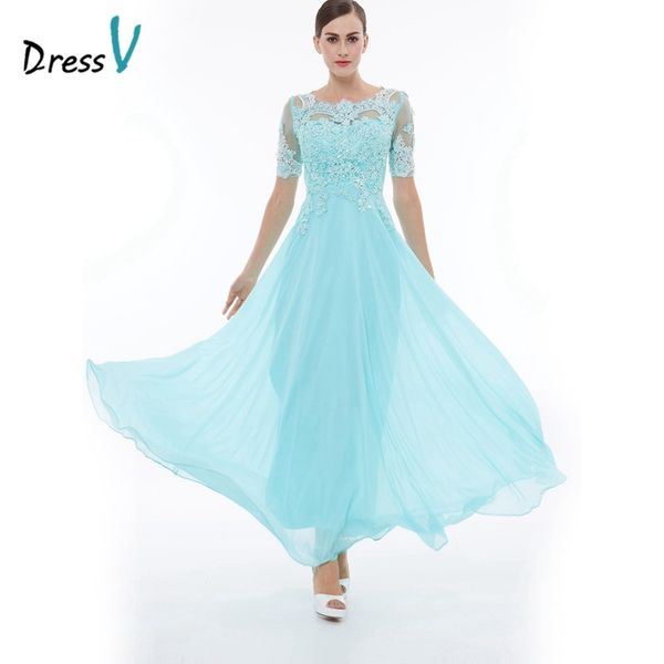 2019 Elegant Sky Blue A-line long Evening Dress Scoop Neck Beading Short Sleeves Lace Formal Party Prom Dress Robe de soiree Cheap
