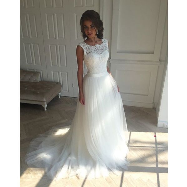 elegant a-line wedding dresses sheer neck lace up back cap sleeve appliques lace boho bridal gowns vestido de novia, White
elegant a-line wedding dresses sheer neck lace up back cap sleeve appliques lace boho bridal gowns vestido de novia, White