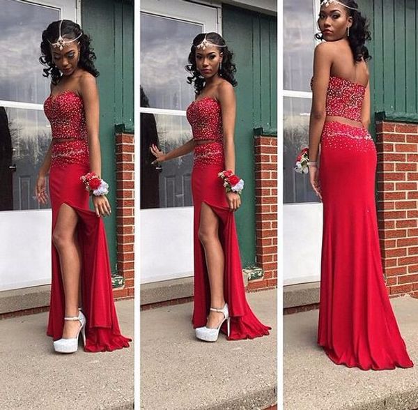 red splendid two pieces prom dresses split side formal evening gowns satin 2018 prom dress, Black
red splendid two pieces prom dresses split side formal evening gowns satin 2018 prom dress, Black