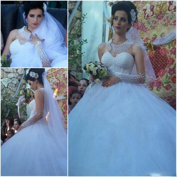 luxury pearls beaded dubai arabic wedding dresses bodice illusion long sleeve heavy beading bridal gowns backless tulle ball gown vestidos, White
luxury pearls beaded dubai arabic wedding dresses bodice illusion long sleeve heavy beading bridal gowns backless tulle ball gown vestidos, White