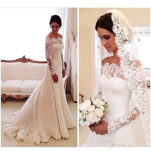 2016 modest a line wedding dresses off shoulder long sleeves lace appliques long court train vestidos plus size formal bridal gowns, White
2016 modest a line wedding dresses off shoulder long sleeves lace appliques long court train vestidos plus size formal bridal gowns, White