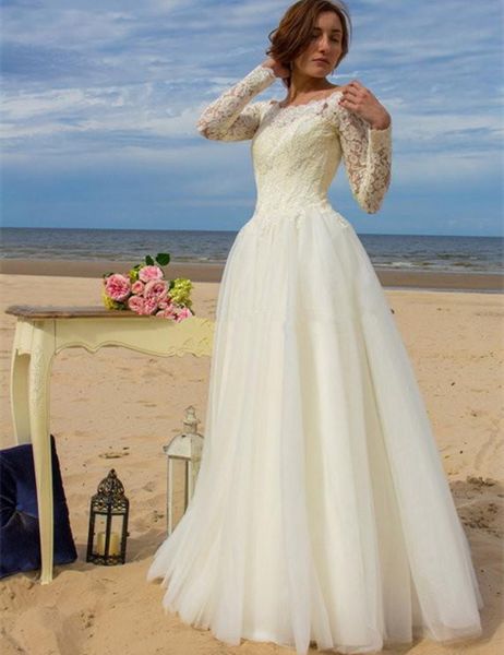 2019 elegant long sleeve wedding dress off shoulder lace tulle a line floor length bridal gowns lace up back custom size, White
2019 elegant long sleeve wedding dress off shoulder lace tulle a line floor length bridal gowns lace up back custom size, White