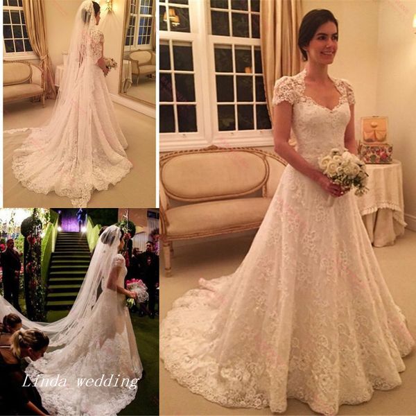 vintage wedding dresses a line cap sleeve lace floor length long women wear bridal party gowns, White
vintage wedding dresses a line cap sleeve lace floor length long women wear bridal party gowns, White
