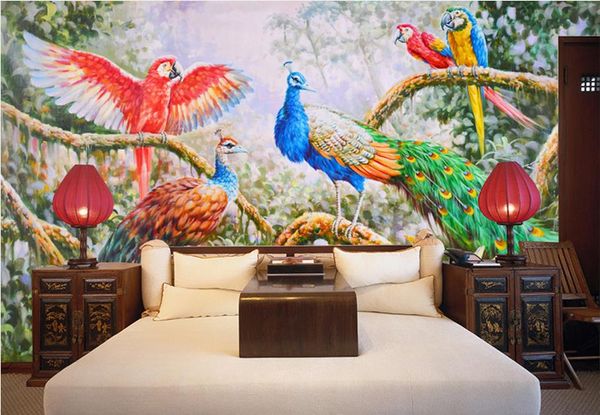 pure hand-painted forest peacock parrots art murals deskwallpapers in hd