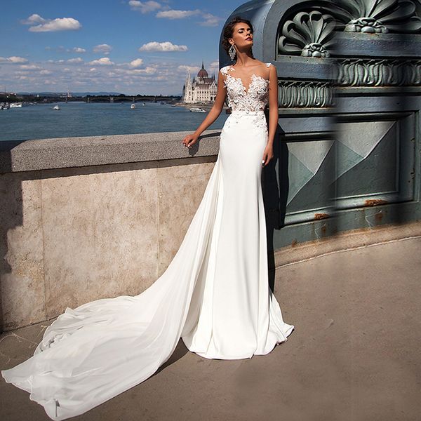 Совок Applique шнурка See Through Русалка шифон Свадебное платье со съемной юбкой Поезд св
Совок Applique шнурка See Through Русалка шифон Свадебное платье со съемной юбкой Поезд св
