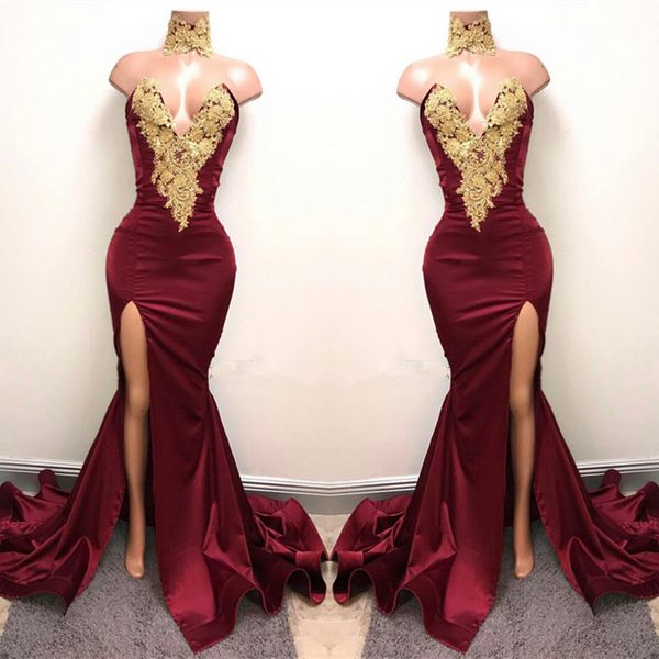 elegant evening dresses sweetheart gold lace appliques high neck vestidos festa mermaid prom party gowns with split in burgundy, Black;red
elegant evening dresses sweetheart gold lace appliques high neck vestidos festa mermaid prom party gowns with split in burgundy, Black;red