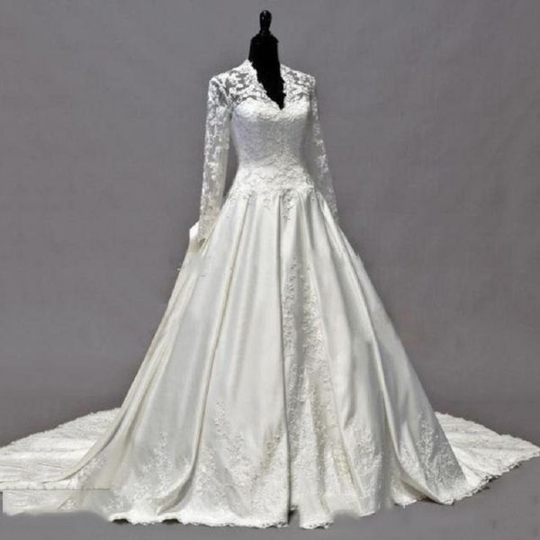 new royal style long sleeve wedding dress lace satin a line court train dresses luxury bridal gowns custom made, White
new royal style long sleeve wedding dress lace satin a line court train dresses luxury bridal gowns custom made, White