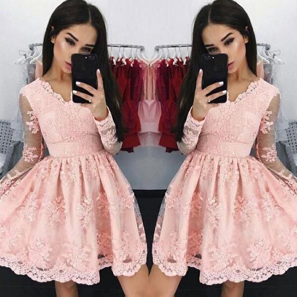 2018 new sweet pink v neck short cocktail dresses long-sleeves a-line lace applique mini homecoming dresses cheap, Black
2018 new sweet pink v neck short cocktail dresses long-sleeves a-line lace applique mini homecoming dresses cheap, Black
