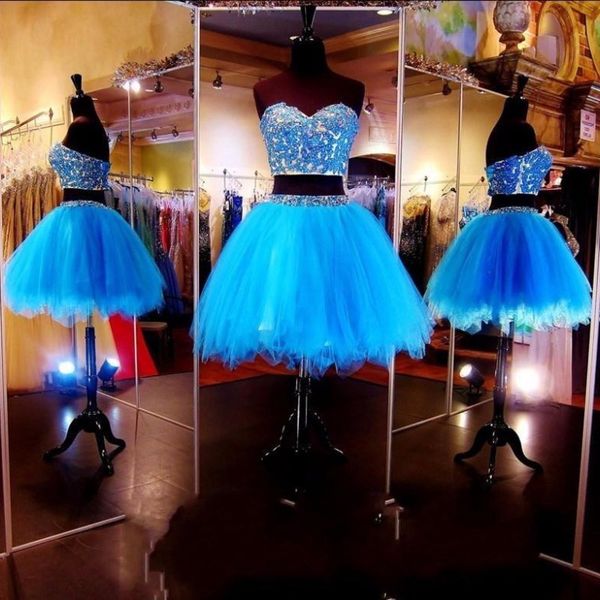 2018 two pieces homecoming dresses sparking applique beaded crystal tulle sweetheart cocktail gowns mini length crop vestidos de festa, Blue;pink
2018 two pieces homecoming dresses sparking applique beaded crystal tulle sweetheart cocktail gowns mini length crop vestidos de festa, Blue;pink