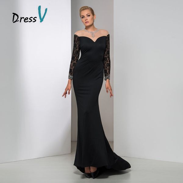 2019 Newest Sheer Neck Long Sleeves Evening Dresses Mermaid Sexy Black Lace Sequins Formal Women Long Backless Prom Gowns free shipping