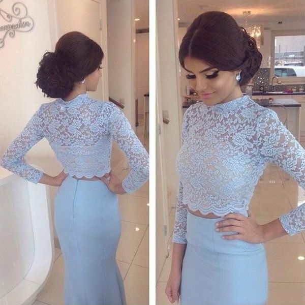 stunning fashion two pieces prom dresses illusion high neck lace crop long sleeves mermaid long formal evening party gowns, Black
stunning fashion two pieces prom dresses illusion high neck lace crop long sleeves mermaid long formal evening party gowns, Black
