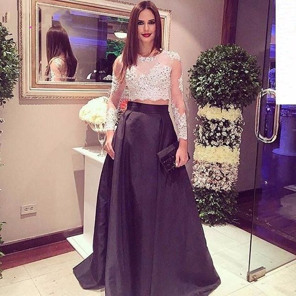 two piece long sleeve evening dresses applique lace satin a line sweep train long sleeve white and black prom pageant gowns 2016, Black;red
two piece long sleeve evening dresses applique lace satin a line sweep train long sleeve white and black prom pageant gowns 2016, Black;red