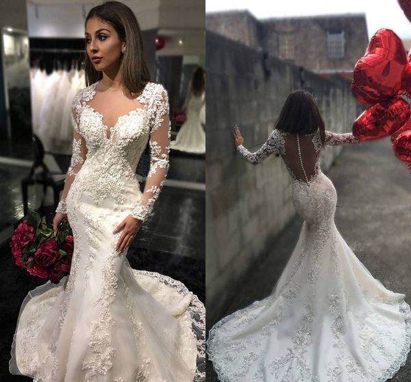 2017 new mermaid long sleeves mermaid wedding dresses illusion lace appliques court train autumn winter bridal gowns vestido de noiva, White
2017 new mermaid long sleeves mermaid wedding dresses illusion lace appliques court train autumn winter bridal gowns vestido de noiva, White