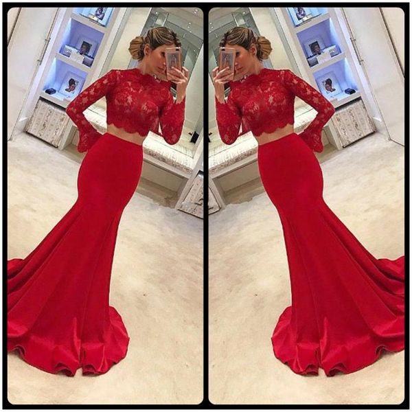 2019 trend high neck two pieces prom dresses lace appliques red mermaid evening dress long sleeves vestido de festa formal party prom, Black
2019 trend high neck two pieces prom dresses lace appliques red mermaid evening dress long sleeves vestido de festa formal party prom, Black