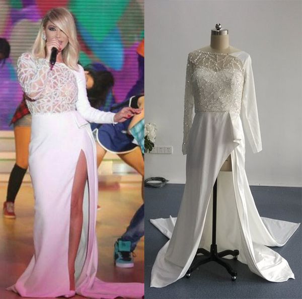 real images nancy ajram side split evening dresses with long sleeves beaded bodice sheer runway celebrity gowns, Black;red
real images nancy ajram side split evening dresses with long sleeves beaded bodice sheer runway celebrity gowns, Black;red