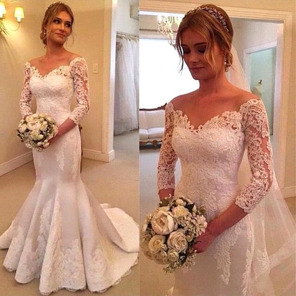 2021 spring summer off the shoulder mermaid wedding dresses 3/4 long sleeve lace appliques satin backless court train bridal gowns, White
2021 spring summer off the shoulder mermaid wedding dresses 3/4 long sleeve lace appliques satin backless court train bridal gowns, White