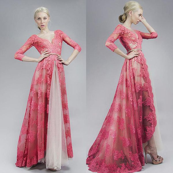 v-neck neckline illusion floor-length a-line evening dresses with lace appliques 3/4 sleeves coral lace prom dress vestidos de fiesta cortos, Black
v-neck neckline illusion floor-length a-line evening dresses with lace appliques 3/4 sleeves coral lace prom dress vestidos de fiesta cortos, Black