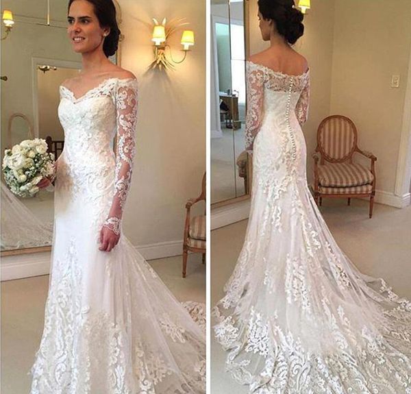 2017 new arrival elegant white full lace off the shoulder wedding dresses sheer long sleeves mermaid bridal gowns with sweep train
2017 new arrival elegant white full lace off the shoulder wedding dresses sheer long sleeves mermaid bridal gowns with sweep train