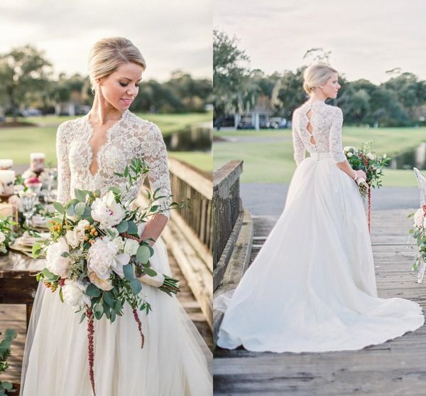 modest 3/4 long sleeve tulle wedding dresses open back vintage lace pearls chapel train v-neck country garden bobo bridal wedding gowns, White
modest 3/4 long sleeve tulle wedding dresses open back vintage lace pearls chapel train v-neck country garden bobo bridal wedding gowns, White