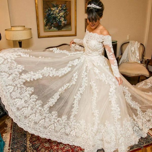 luxury lace off shoulder wedding dresses 2017 beaded long sleeves a line bridal gowns sheer back with pearls sweep train wedding gowns, White
luxury lace off shoulder wedding dresses 2017 beaded long sleeves a line bridal gowns sheer back with pearls sweep train wedding gowns, White