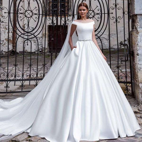 new modern satin wedding dress a line off the shoulder sleeveless bridal gowns with beaded belt pocket custom made bride dresses, White
new modern satin wedding dress a line off the shoulder sleeveless bridal gowns with beaded belt pocket custom made bride dresses, White