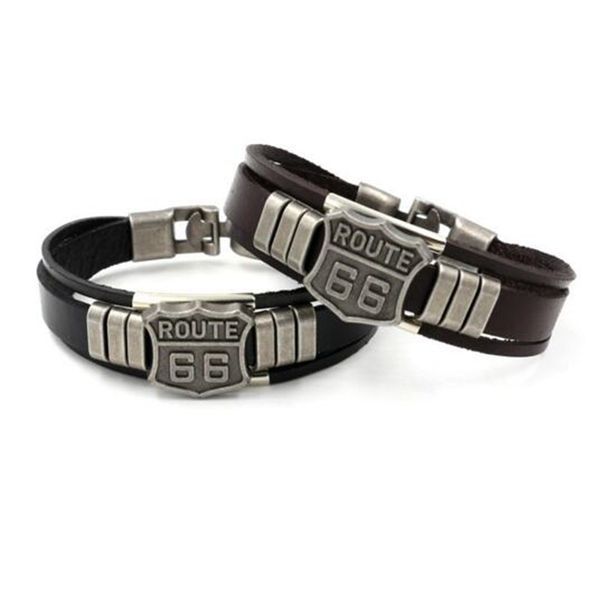 

mens fashion route 66 rivet charm bracelets punk retro multilayer leather bracelets for men women customize cuff bangles jewelry gifts, Golden;silver