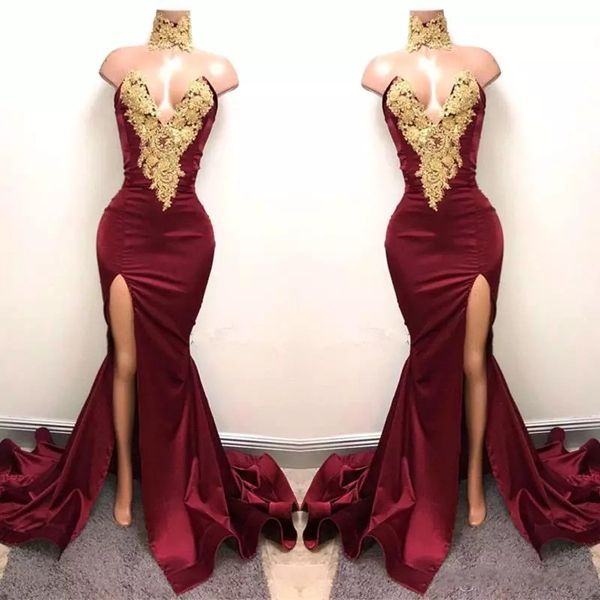 2017 new african burgundy prom dresses evening wear mermaid gold lace appliqued front split 2k18 elegant formal evening party gowns, Black
2017 new african burgundy prom dresses evening wear mermaid gold lace appliqued front split 2k18 elegant formal evening party gowns, Black