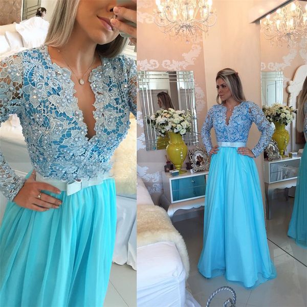long sleeve lace evening dress v-neck blue prom dress lace and chiffon beading sash party gowns vestido chiffon, Black
long sleeve lace evening dress v-neck blue prom dress lace and chiffon beading sash party gowns vestido chiffon, Black