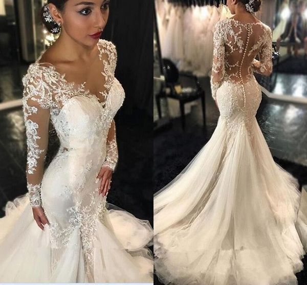 modern mermaid wedding dresses long sleeves lace appliques beaded sheer back plus size court train custom wedding dress bridal gowns, White
modern mermaid wedding dresses long sleeves lace appliques beaded sheer back plus size court train custom wedding dress bridal gowns, White