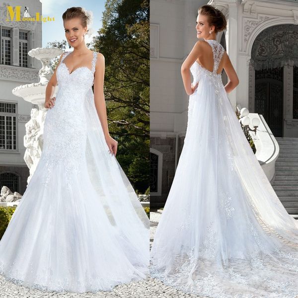 custom lace mermaid wedding dresses with beaded appliques sweetheart spaghetti strap court train backless wedding bridal gowns, White
custom lace mermaid wedding dresses with beaded appliques sweetheart spaghetti strap court train backless wedding bridal gowns, White