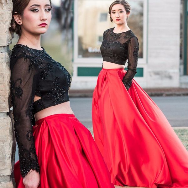 red skirt black lace prom dresses two pieces o-neck pearls long sleeve formal dresses with pockets backless graduation dresses
red skirt black lace prom dresses two pieces o-neck pearls long sleeve formal dresses with pockets backless graduation dresses