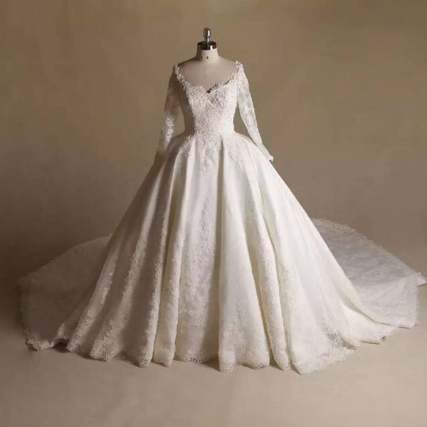 новый великолепный принцесса с длинным рукавом бальное платье свадебные платья кружева часовня поезд роскошные свадебные платья молния назад, White