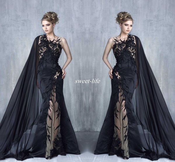 2020 tony chaaya mermaid evening dresses black lace appliques prom gowns with cape illusion tulle beaded applique celebrity formal wear, Black;red 
2020 tony chaaya mermaid evening dresses black lace appliques prom gowns with cape illusion tulle beaded applique celebrity formal wear, Black;red