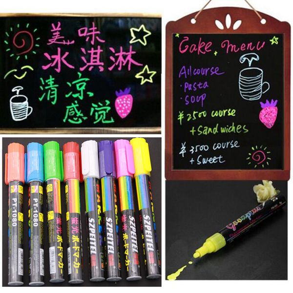 Wholesale- 8pcs Luminous Color Highlighter Fluorescent Liquid Chalk Marker Neon Pen Led Wordpad 6mm