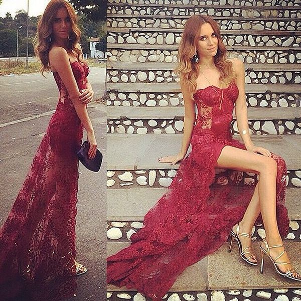 2017 new stunning sweetheart burgundy full lace prom dresses long side split evening dresses plus size party gowns, Black
2017 new stunning sweetheart burgundy full lace prom dresses long side split evening dresses plus size party gowns, Black