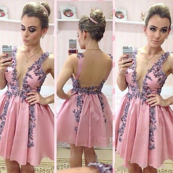 deep v neck homecoming dresses pink satin applique beads open back short party dresses knee length prom cocktail dresses, Blue;pink
deep v neck homecoming dresses pink satin applique beads open back short party dresses knee length prom cocktail dresses, Blue;pink