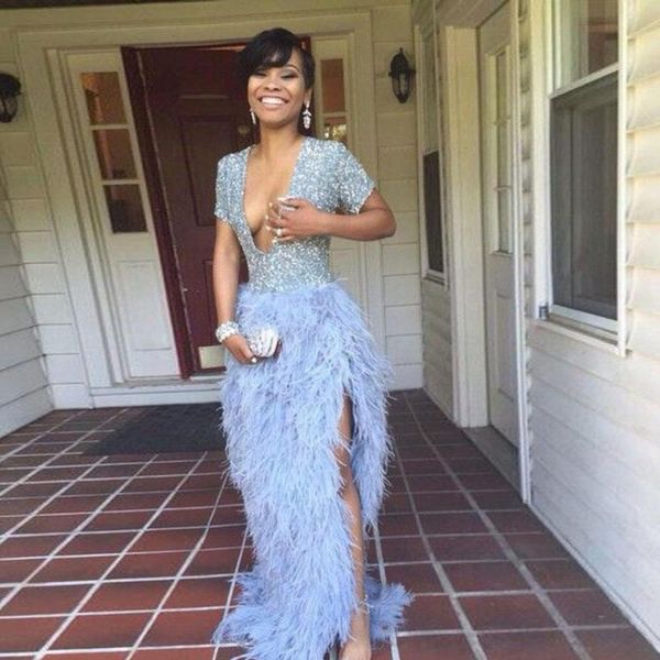 2017 luxury sequined feather prom dresses deep v neck short sleeves split side evening gowns formal dresses sweep train custom made, Black
2017 luxury sequined feather prom dresses deep v neck short sleeves split side evening gowns formal dresses sweep train custom made, Black