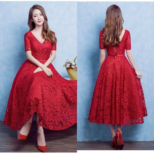 vintage full lace tea length short prom dresses red a line v neck illusion short sleeves evening party gowns with sash, Black
vintage full lace tea length short prom dresses red a line v neck illusion short sleeves evening party gowns with sash, Black