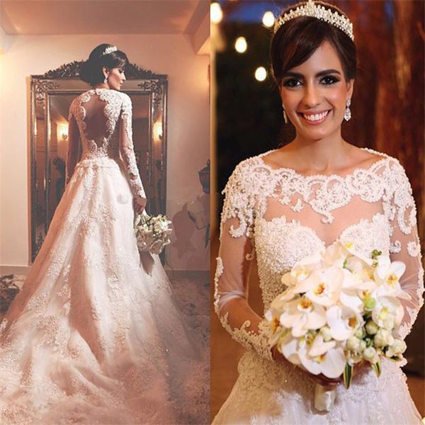 2019 romantic lace long sleeves backless wedding dresses bateau neck appliques beaded ruched sweep train bridal gowns, White
2019 romantic lace long sleeves backless wedding dresses bateau neck appliques beaded ruched sweep train bridal gowns, White