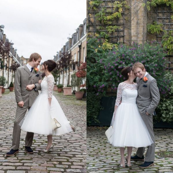 popular tea length wedding dress a line illusion bateau neck sheer lace sleeves puffy tulle short bridal gown with bow sash, White
popular tea length wedding dress a line illusion bateau neck sheer lace sleeves puffy tulle short bridal gown with bow sash, White