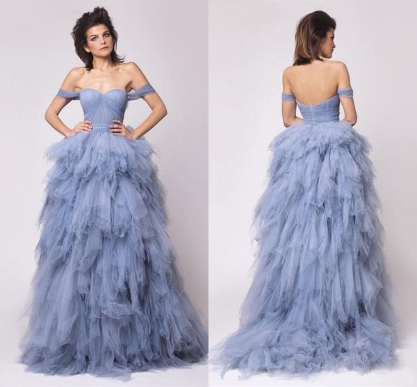ice blue off shoulder evening gowns 2016 tulle ruffles tiered prom gowns sweep train backless formal party dresses custom made, Black;red
ice blue off shoulder evening gowns 2016 tulle ruffles tiered prom gowns sweep train backless formal party dresses custom made, Black;red