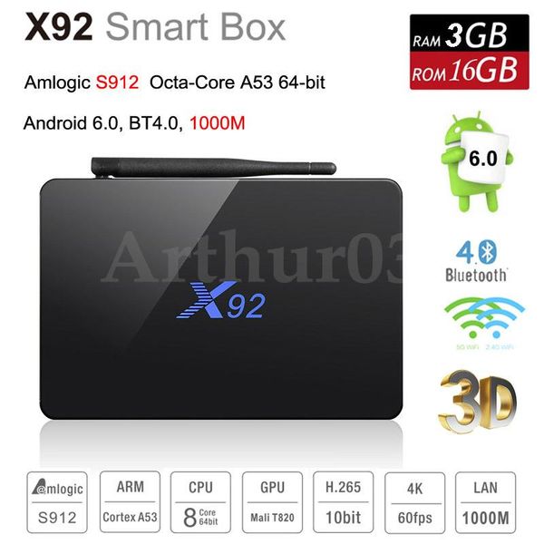 

3 ГБ 16 ГБ X92 коробка Amlogic S912 восьмиядерный 64-битный Android-ТВ коробка 7.1 2.4/5.8 Ггц двойной WiFi HDMI с разрешением 4K VP9 или H. 265 в ВТ4.0 смарт-медиа-плеер 3G Н96был S905X