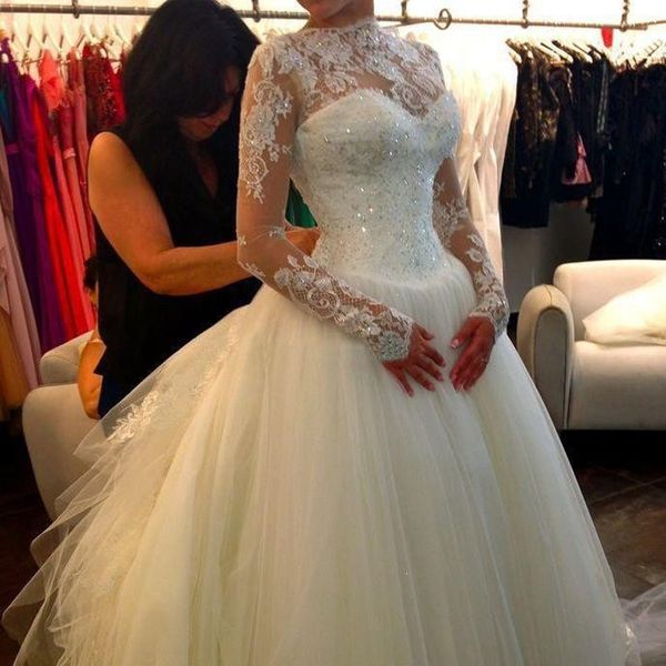 sheer neck lace long sleeves ball gown wedding dresses tulle applique beaded court train bridal gowns, White